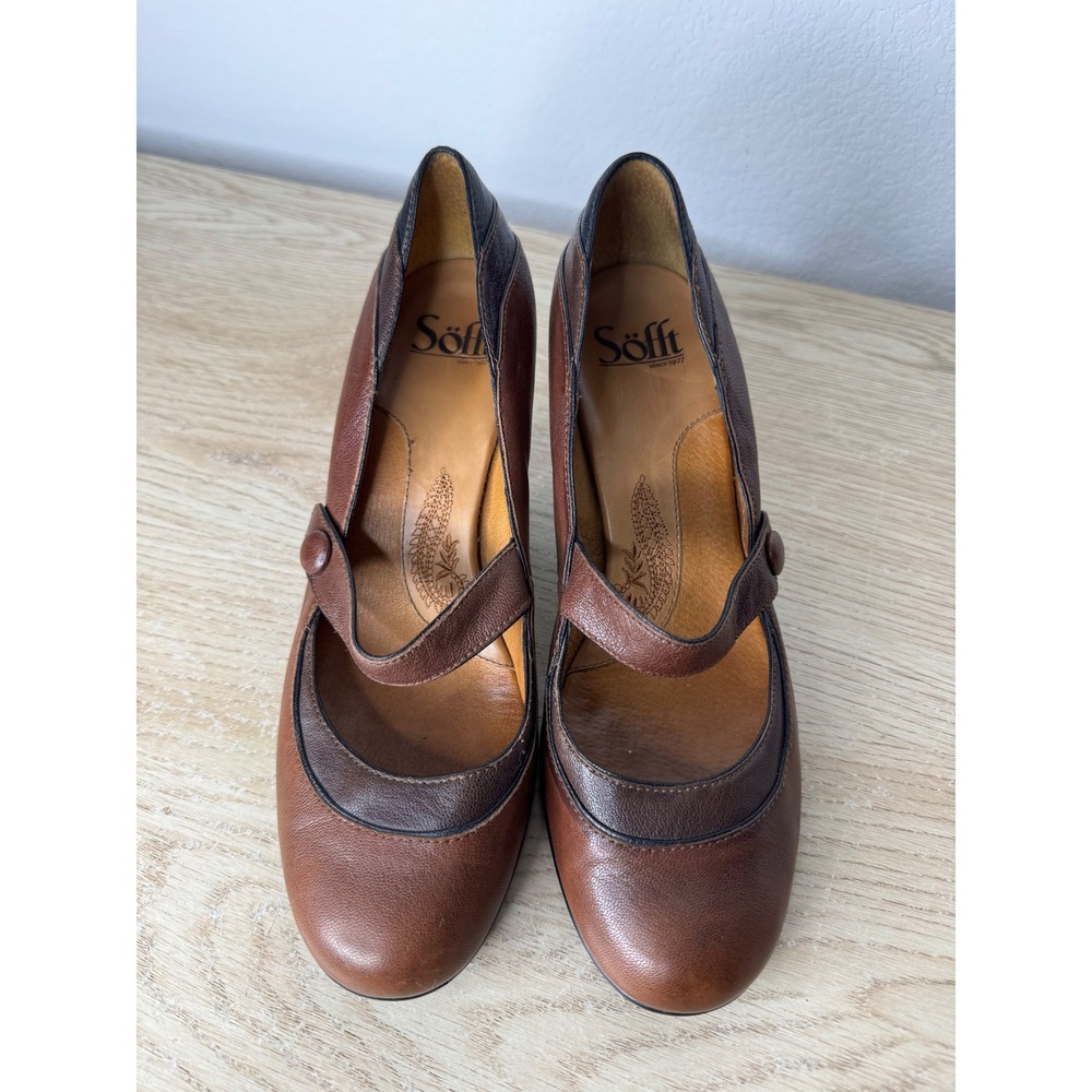 Sofft Brown Leather Mary Jane Pumps Round Toe Button Strap Heels Womens Size 8 M - Picture 7 of 16